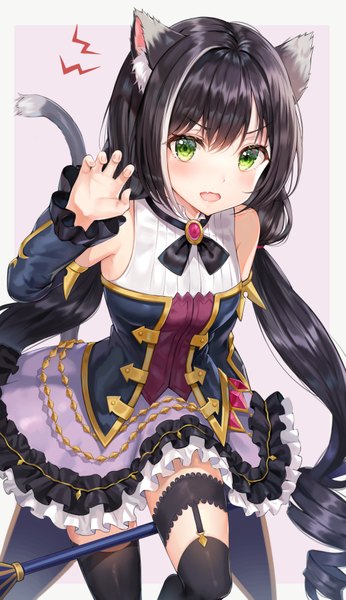 Anime picture 2026x3514 with princess connect! re:dive princess connect! karyl (princess connect!) tokkyu single tall image looking at viewer blush fringe highres open mouth black hair simple background hair between eyes standing twintails bare shoulders green eyes animal ears payot