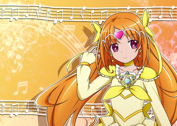 Anime picture 1600x1143 with precure suite precure toei animation shirabe ako cure muse (yellow) single long hair blush purple eyes orange hair wallpaper orange background girl bow hair bow earrings