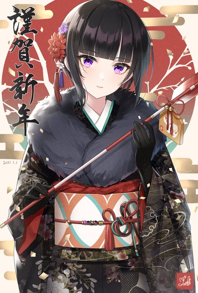 Anime picture 2331x3444 with idolmaster idolmaster cinderella girls idolmaster cinderella girls starlight stage shirayuki chiyo mairo (ilo) single tall image looking at viewer blush fringe highres short hair black hair standing purple eyes signed payot blunt bangs traditional clothes head tilt