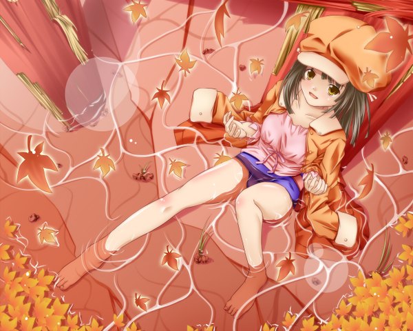 Anime picture 1280x1024 with bakemonogatari shaft (studio) monogatari (series) sengoku nadeko tsukineko short hair yellow eyes green hair water