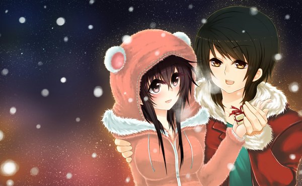 Anime picture 1100x680 with original fuya (tempupupu) long hair fringe short hair breasts open mouth black hair smile brown hair wide image large breasts yellow eyes grey eyes exhalation girl boy hood gift winter clothes