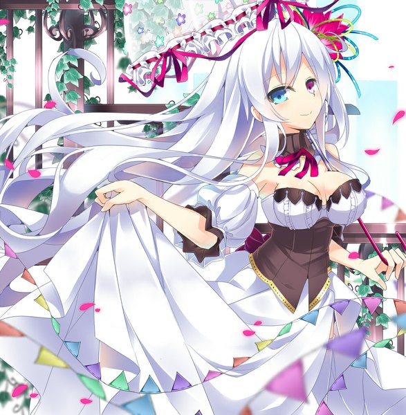Anime picture 1000x1023 with original nyori single long hair tall image looking at viewer blush breasts smile red eyes white hair hair flower aqua eyes heterochromia dress lift girl dress hair ornament flower (flowers) ribbon (ribbons)