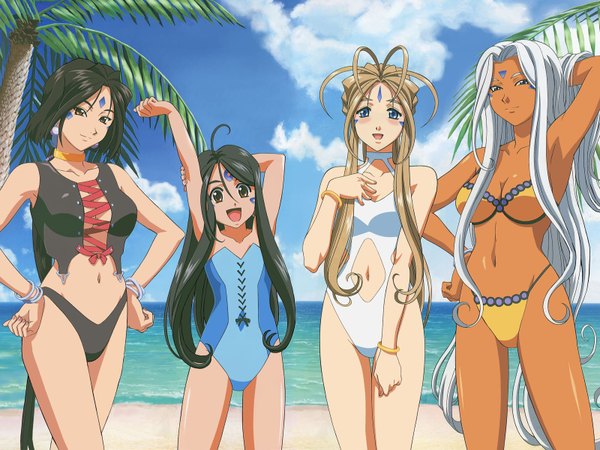 Anime picture 1600x1200 with aa megami-sama anime international company belldandy urd skuld peorth swimsuit