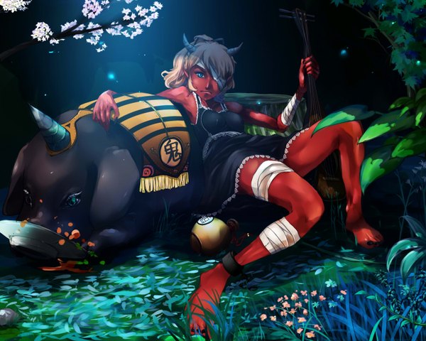 Anime picture 1500x1200 with original shigureteki barefoot horn (horns) oni red skin girl dress plant (plants) animal black dress bandage (bandages) eyepatch youkai boar