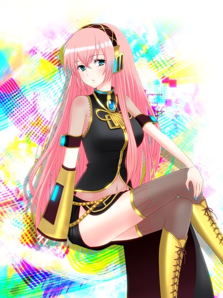 Anime picture 1200x1600 with vocaloid megurine luka yunca single long hair tall image looking at viewer blush blue eyes bare shoulders pink hair crossed legs girl thighhighs dress detached sleeves boots headphones