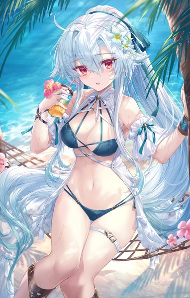 Anime picture 2607x4092 with original shichigatsu single tall image looking at viewer fringe highres breasts open mouth light erotic hair between eyes red eyes large breasts sitting holding cleavage ahoge outdoors white hair ponytail