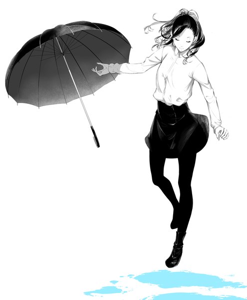 Anime picture 1237x1500 with original sousou (sousouworks) single long hair tall image fringe black hair simple background white background full body eyes closed light smile monochrome girl skirt shirt pantyhose water shoes umbrella