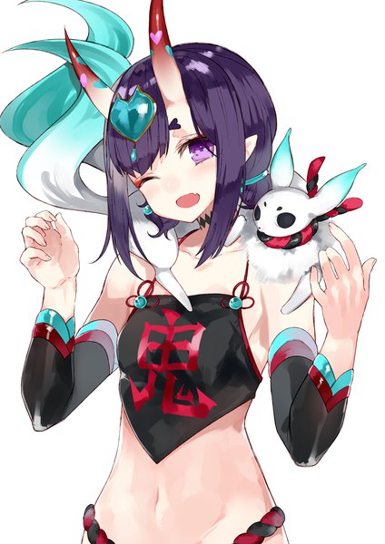 Anime picture 1489x2109 with fate (series) fate/grand order shuten douji (fate) shuten douji (halloween caster) (fate) hasegawa (rarairairai) single tall image looking at viewer fringe short hair open mouth simple background white background purple eyes twintails purple hair upper body one eye closed horn (horns) pointy ears