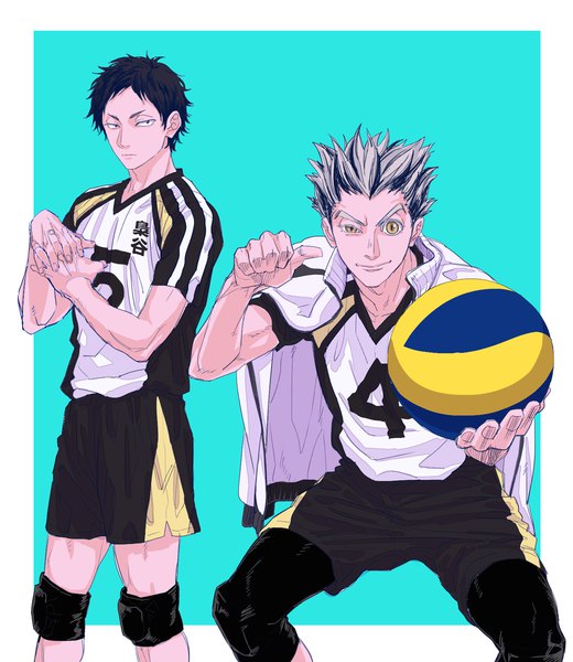 Anime picture 1000x1152 with haikyuu!! production i.g akaashi keiji bokuto koutarou maiko (setllon) tall image looking at viewer short hair black hair simple background standing yellow eyes grey hair multiple boys border eyebrows hands clasped clothes on shoulders interlocked fingers aqua background