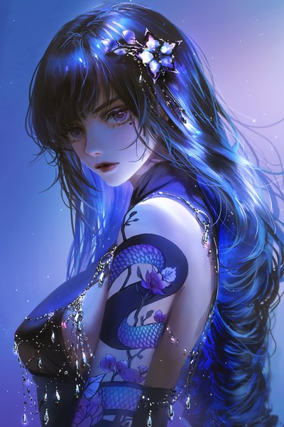 Anime picture 4000x6000 with genshin impact raiden shogun nixeu single long hair tall image looking at viewer blush fringe highres breasts light erotic simple background large breasts purple eyes blue hair absurdres upper body lips realistic