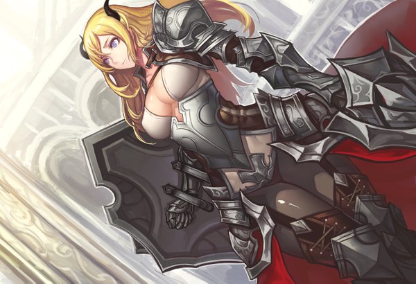 Anime picture 1409x963 with original evan yang single long hair breasts blue eyes blonde hair horn (horns) girl weapon sword armor shield