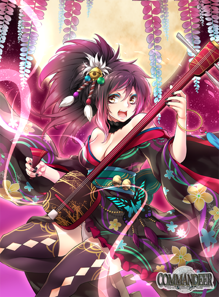 Anime picture 600x811 with commandeer (card game) fuya (tempupupu) single long hair tall image open mouth light erotic black hair brown eyes pink hair nail polish traditional clothes japanese clothes multicolored hair fingernails gradient hair girl thighhighs black thighhighs bracelet