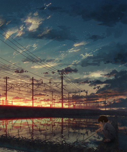 Anime picture 1200x1440 with original natsu (hottopeppa3390) single tall image fringe short hair brown hair holding looking away sky cloud (clouds) bent knee (knees) traditional clothes japanese clothes profile sunlight evening reflection sunset squat