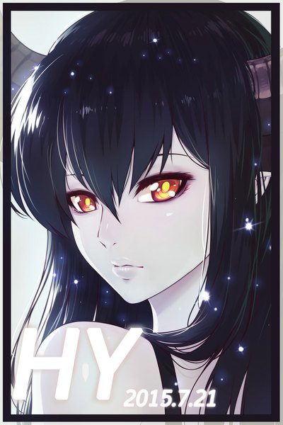 Anime picture 700x1050 with original huang xie single long hair tall image looking at viewer black hair simple background bare shoulders brown eyes yellow eyes looking back horn (horns) lips pointy ears grey background border dated pale skin multicolored eyes