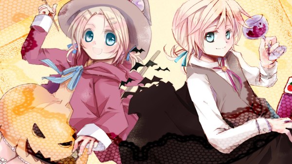 Anime picture 1920x1080 with vocaloid kagamine rin kagamine len wakakohime moe blush highres short hair open mouth blue eyes blonde hair smile wide image twintails halloween girl dress boy hat witch hat vegetables