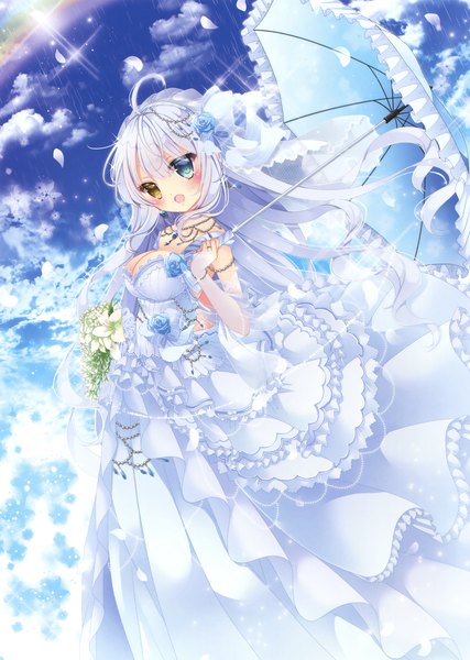 Anime picture 2489x3500 with original mireisaki single long hair tall image blush highres open mouth sky cloud (clouds) white hair scan official art heterochromia girl dress hair ornament flower (flowers) petals frills