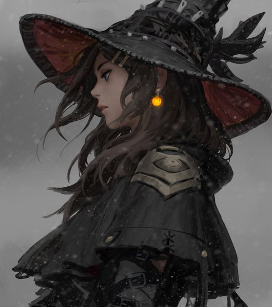 Anime picture 3440x3892 with original guweiz single long hair tall image highres blue eyes brown hair looking away absurdres upper body parted lips profile wind lips realistic glowing snowing winter girl