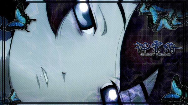 Anime picture 1280x720 with ghost hound production i.g komagusu miyako blue eyes wide image close-up framed blue skin girl insect butterfly