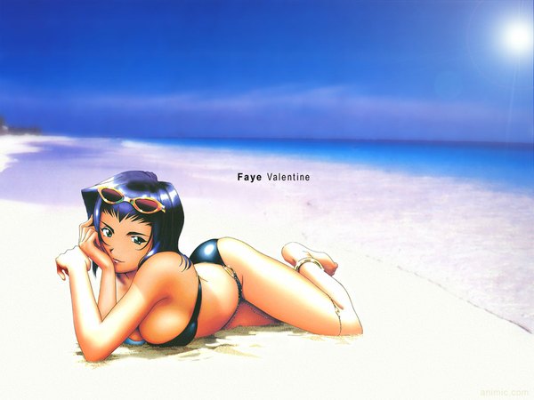 Anime picture 1024x768 with cowboy bebop sunrise (studio) faye valentine single short hair breasts light erotic smile large breasts green eyes blue hair inscription beach on stomach girl swimsuit bracelet sunglasses