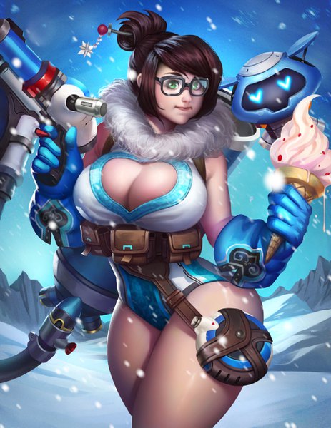 Anime picture 2000x2589 with overwatch blizzard entertainment mei (overwatch) snowball (overwatch) tin bui single tall image looking at viewer highres short hair breasts light erotic brown hair green eyes fur trim thighs huge breasts snowing winter snow