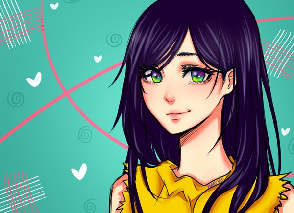 Anime picture 1100x800 with original mari945 single long hair looking at viewer fringe simple background green eyes signed payot purple hair upper body light smile realistic portrait multicolored eyes aqua background girl