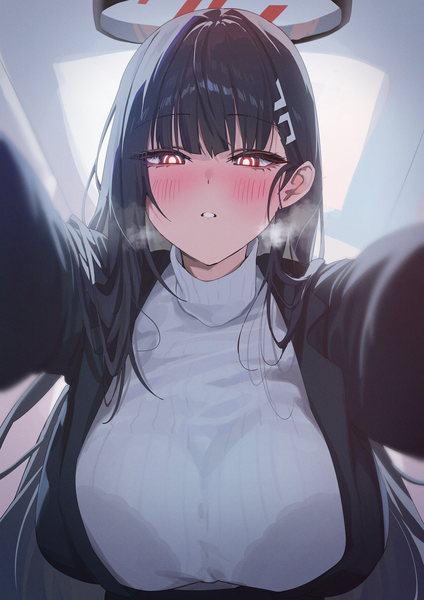 Anime-Bild 1412x2000 mit blue archive rio (blue archive) yampa single long hair tall image looking at viewer blush fringe breasts light erotic black hair red eyes large breasts blunt bangs long sleeves parted lips exhalation girl hair ornament