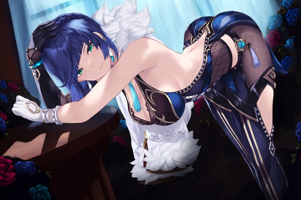 Anime picture 1500x1000 with genshin impact yelan (genshin impact) cait single looking at viewer fringe short hair breasts light erotic smile large breasts standing green eyes blue hair cleavage ass indoors blunt bangs braid (braids) mole