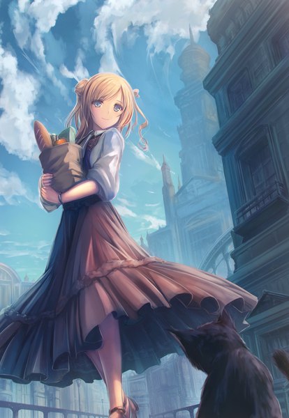 Anime-Bild 1450x2100 mit original tenmaso single long hair tall image looking at viewer fringe blue eyes blonde hair standing holding sky cloud (clouds) outdoors light smile hair bun (hair buns) girl dress animal food