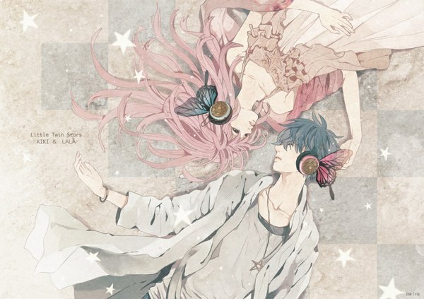 Anime picture 1024x723 with vocaloid magnet (vocaloid) megurine luka kaito (vocaloid) sumishuu long hair short hair bare shoulders pink hair lying eyes closed couple face to face checkered floor insect wings butterfly wings girl dress boy jacket