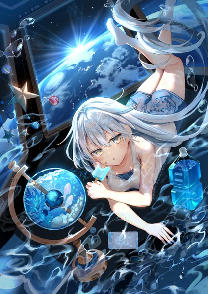 Anime picture 3541x5016 with original kouyafu single long hair tall image looking at viewer fringe highres breasts open mouth hair between eyes bare shoulders holding signed payot absurdres silver hair full body bent knee (knees) indoors