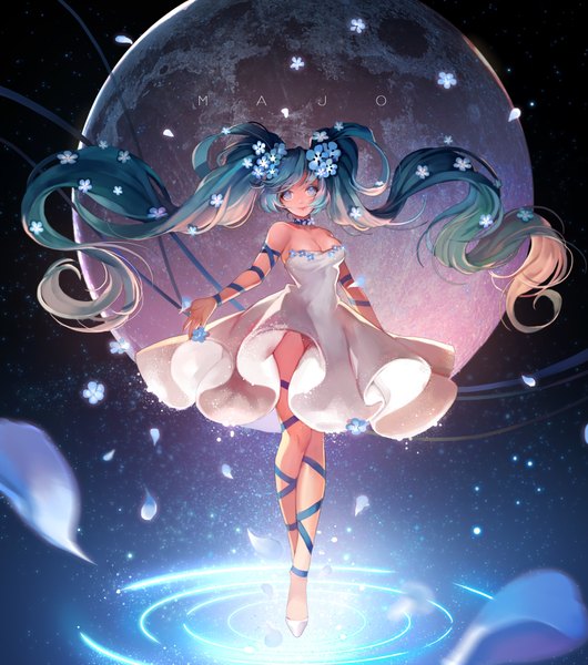 Anime picture 1920x2170 with original majo single tall image looking at viewer fringe highres breasts smile bare shoulders cleavage hair flower aqua eyes aqua hair night sparkle sleeveless gradient background floating hair glowing