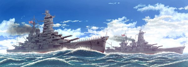 Anime picture 2000x714 with original earasensha highres wide image sky cloud (clouds) weapon sea flag watercraft ship