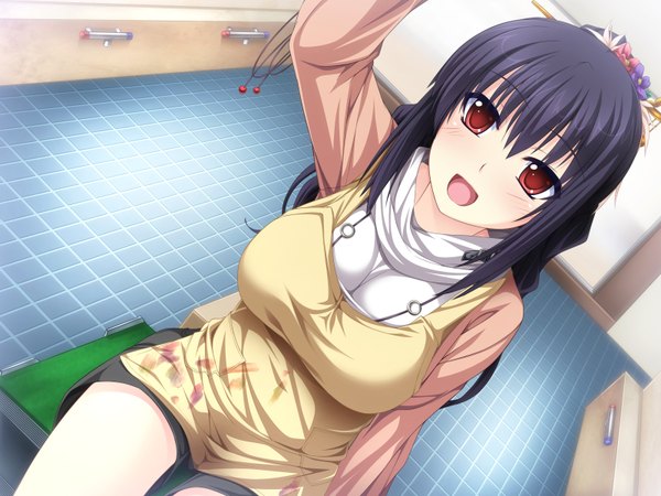 Anime picture 1600x1200 with duelist x engage kakyouin tsubaki single long hair looking at viewer breasts open mouth black hair red eyes large breasts sitting game cg arm up girl apron