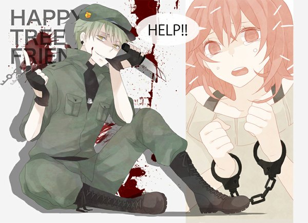 Anime picture 1024x744 with happy tree friends flippy flaky kiri (lwp01 lav) long hair short hair red eyes yellow eyes red hair green hair tears grin partially open clothes military personification girl boy gloves uniform hair ornament
