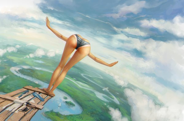 Anime picture 1600x1053 with original denfo single light erotic sky cloud (clouds) ass barefoot from behind inscription bare legs leaning leaning forward legs spread arms horizon landscape river girl underwear
