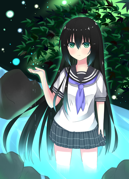 Anime picture 1000x1384 with original hiiragi natume single long hair tall image looking at viewer blush black hair green eyes river girl skirt plant (plants) water serafuku