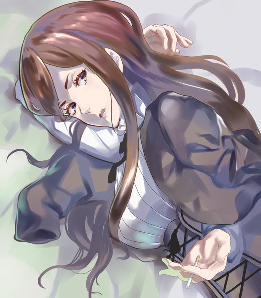 Anime picture 1400x1600 with princess principal dorothy (princess principal) tenpikaroi single long hair tall image looking at viewer fringe open mouth brown hair holding brown eyes upper body lying from above on side arm behind head lacing girl uniform