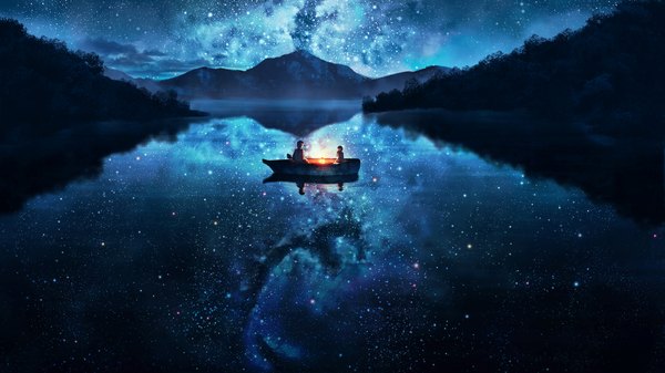 Anime-Bild 1920x1080 mit original natsu (hottopeppa3390) long hair highres short hair wide image sitting cloud (clouds) from behind night night sky light reflection mountain landscape nature milky way old man girl boy