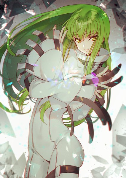 Anime-Bild 650x918 mit code geass sunrise (studio) c.c. creayus single long hair tall image looking at viewer fringe hair between eyes standing yellow eyes green hair light smile floating hair crossed arms girl bodysuit