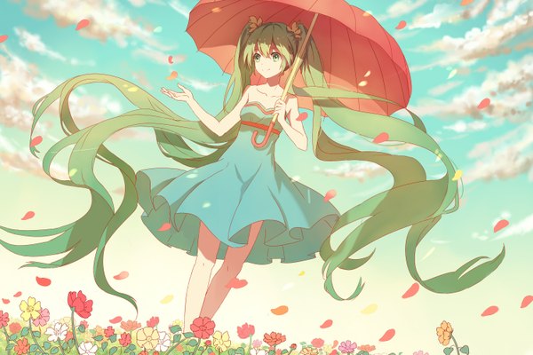 Anime picture 3000x2000 with vocaloid hatsune miku lan jue single highres smile twintails bare shoulders holding looking away sky cloud (clouds) outdoors very long hair hair flower aqua eyes wind aqua hair sleeveless outstretched arm