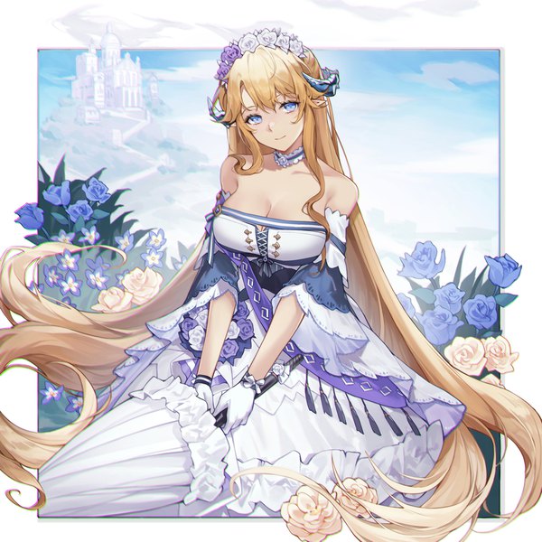 Anime picture 3080x3080 with arknights saileach (arknights) saileach (appreciate fragrance) (arknights) eminya 27 single looking at viewer highres breasts blue eyes blonde hair smile large breasts absurdres cleavage very long hair horn (horns) official alternate costume border outside border closed umbrella