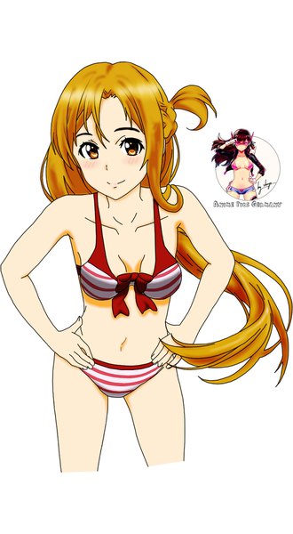 Anime picture 1024x1857 with sword art online a-1 pictures yuuki asuna shugo19 single long hair tall image looking at viewer light erotic simple background smile brown hair standing white background signed orange eyes front-tie top girl swimsuit bikini