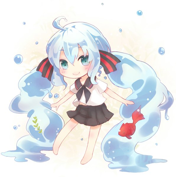 Anime picture 1115x1124 with vocaloid hatsune miku bottle miku nanashina (artist) single tall image looking at viewer blush smile white background twintails blue hair ahoge very long hair barefoot aqua eyes spread arms chibi liquid hair girl