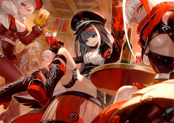 Anime picture 2420x1716 with azur lane prinz eugen (azur lane) graf zeppelin (azur lane) admiral graf spee (azur lane) deutschland (azur lane) admiral hipper (azur lane) lack long hair looking at viewer fringe highres short hair breasts open mouth blue eyes light erotic black hair blonde hair hair between eyes red eyes