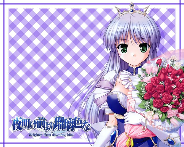 Anime picture 1280x1024 with yoake mae yori ruri iro na august soft feena fam earthlight single long hair looking at viewer fringe breasts simple background smile holding green eyes cleavage purple hair short sleeves wallpaper puffy sleeves girl dress gloves