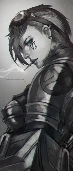 Anime picture 1504x3508 with league of legends vi (league of legends) monori rogue single tall image looking at viewer short hair blue eyes black hair profile lips tattoo piercing facial mark monochrome ear piercing eyebrows goggles on head girl goggles