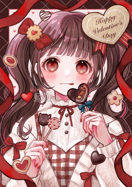 Anime picture 1158x1637 with original ginniroya single long hair tall image looking at viewer blush fringe brown hair twintails brown eyes upper body blunt bangs nail polish text english valentine :q red nail polish girl