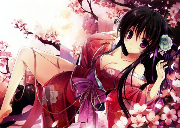 Anime picture 3681x2614 with karory single long hair blush highres breasts light erotic black hair red eyes absurdres traditional clothes japanese clothes hair flower scan girl hair ornament flower (flowers) petals kimono obi