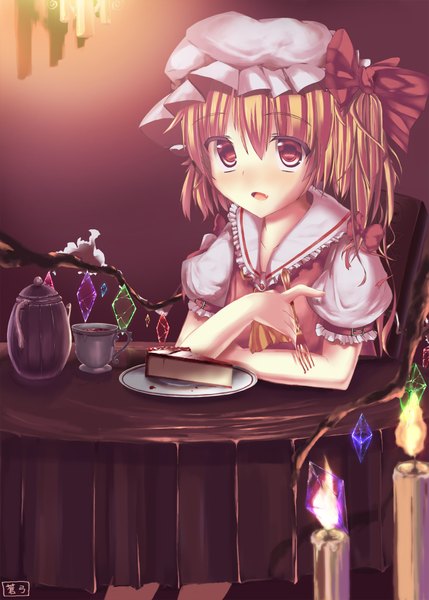Anime picture 1500x2098 with touhou flandre scarlet ha ru single tall image highres short hair red eyes orange hair girl dress bow wings sweets bonnet cup cake candle (candles) fork teapot