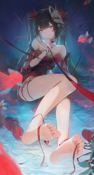 Anime picture 2434x4538 with honkai: star rail honkai (series) sparkle (honkai: star rail) yonesdraws single long hair tall image looking at viewer fringe highres breasts light erotic black hair smile red eyes twintails bare shoulders payot bent knee (knees) blunt bangs